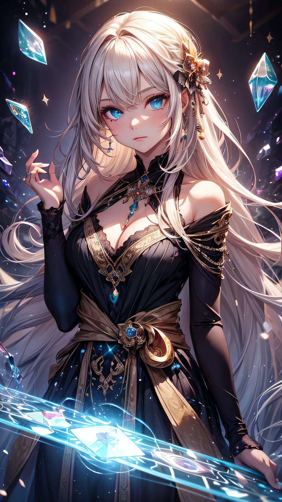 One Girl, Long Hair, Light Hair Color, Captivating eyes, Mysterious look, Mature Appearance, Attractive dress, loose fitting dress, Elegant Jewelry, Elaborate decoration, Magic symbols, Glowing Accessories, part, scroll, Cute accent,ribbon, Magical Effects, Crystal Jade, Particles of light, Rubik,