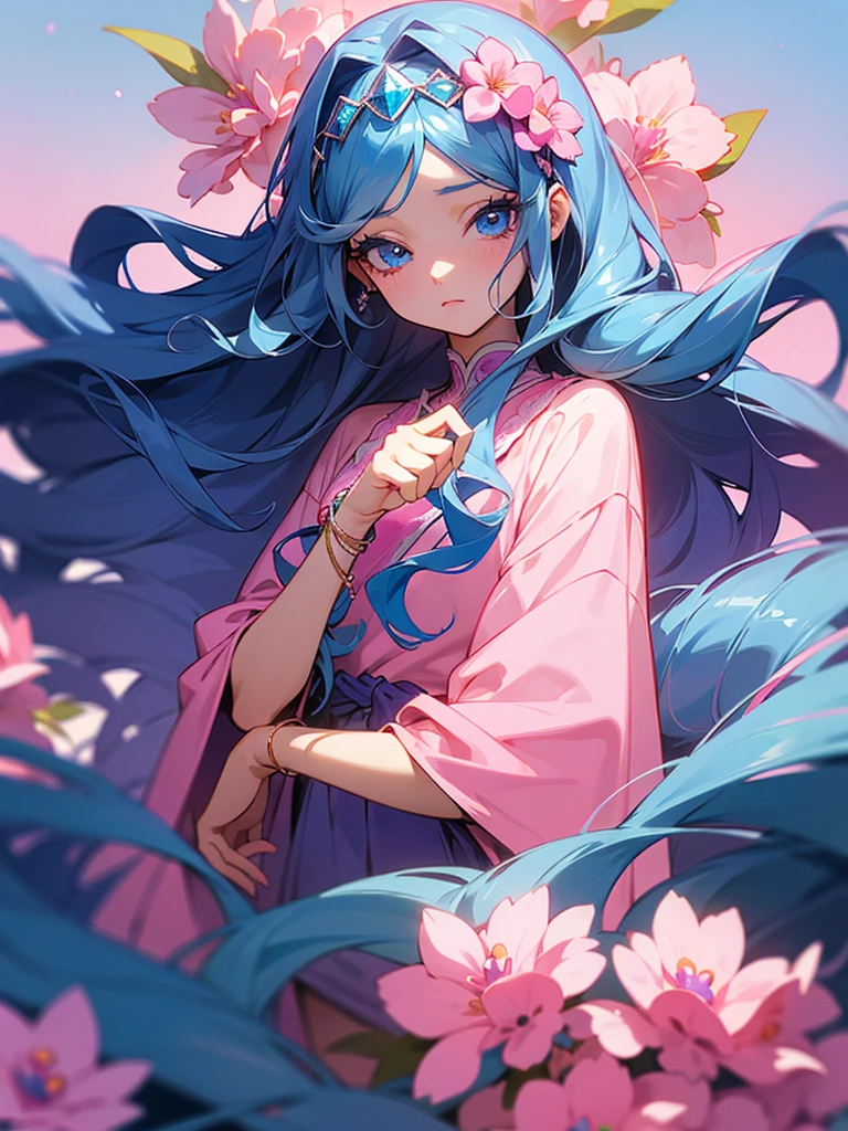 Anime girl, light blue eyes, detailed eyes, long eyelashes, dark blue hair, curly hair, long flowy hair, pink flowers in hair, diamond accessories in hair, long pink fancy dress, staring dismissively at camera, gradient background