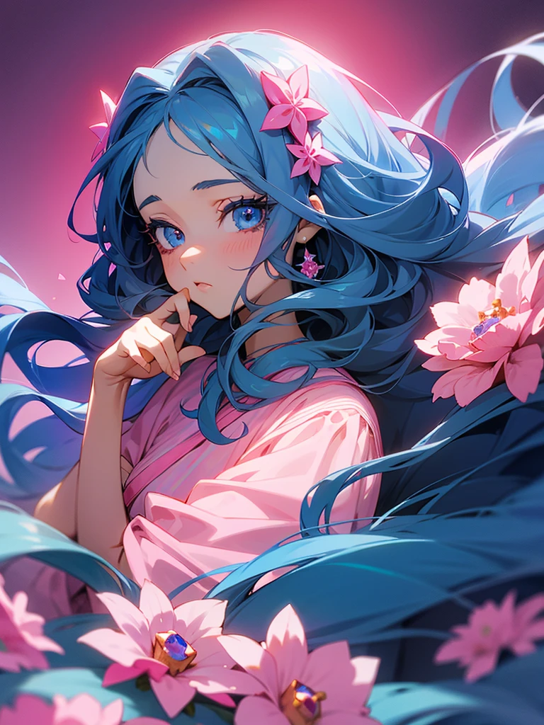 Anime girl, light blue eyes, detailed eyes, long eyelashes, dark blue hair, curly hair, long flowy hair, pink flowers in hair, diamond accessories in hair, long pink fancy dress, staring dismissively at camera, gradient background