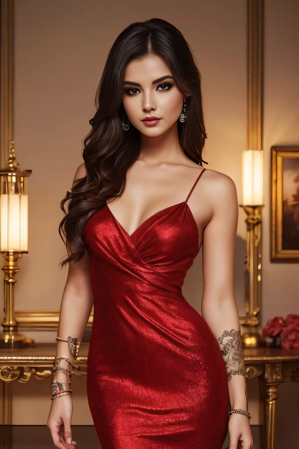 stunning makeup,(work of art:1.2), best qualityer, work of art, A high resolution, original, extremely detailed wallpaper, perfect lighting,(Extremely detailed computer graphics:1.2), beautiful detailed girl, high detail eyes, lips, Face, full - length portrait, in a chic red evening dress, social event