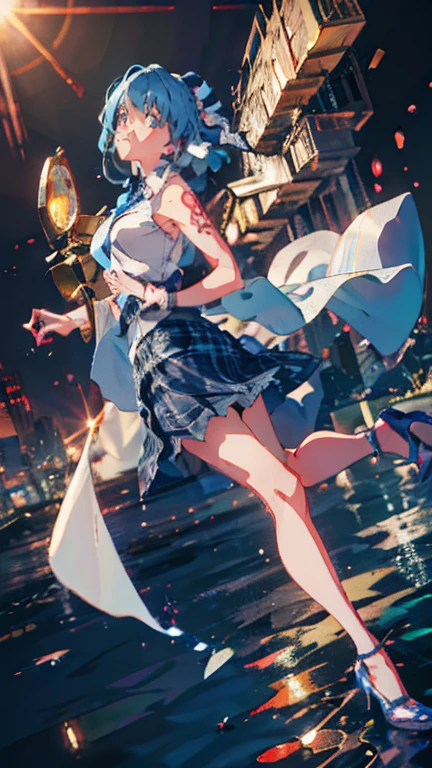 Anime Kawaii sexy Perfect Slim sensual body large breast and huge thighs, An intricate and highly detailed illustration of anime (Young girl). ((Biologically correct member count))、(( full body including face))、4K、work of art、((focus on the face))、((Symmetrical, well-proportioned facial features))、Eyes with delicate representations、(((1 person)))、beautfull woman、Outstanding Style、slenderbody、(((High heels with ankletshinestones sleeveless、plaid hip skirt)))、necktie、(((photo with white frame、photo with white frame)))、((looking up))、unexpressive、(((riverside、stay on the surface of the water)))、(Upper body close-up photo)、greatest angle、dawn、Raby、((A backlit photo with the sun in the background))、Calf tattoo、