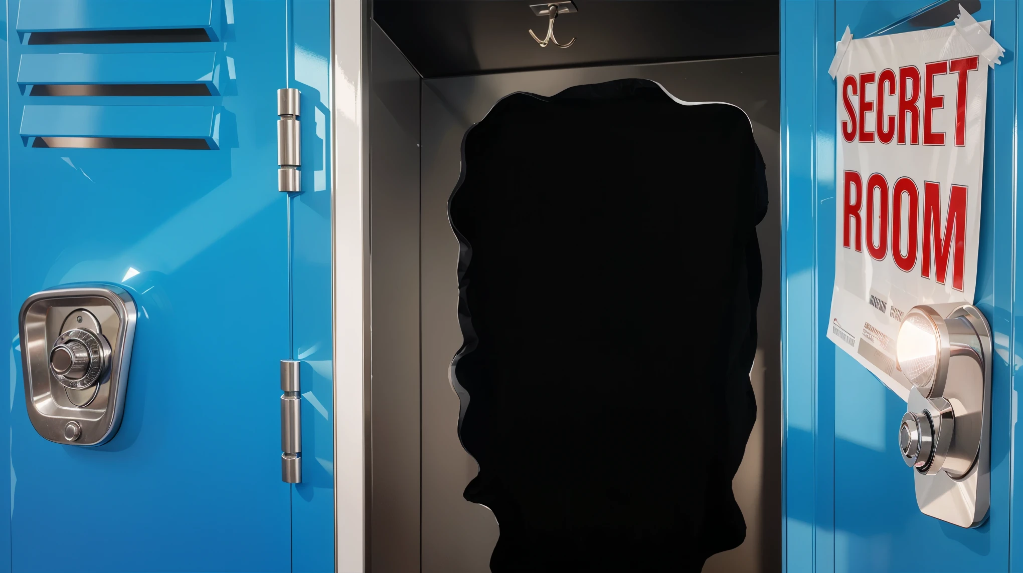 In this image, you see two school lockers—one blue and the other gray. The blue locker is open, and its interior is depicted in black, creating the silhouette of a face profile, suggesting an illusion of a secret entrance or passage. A poster on the door of the blue locker reads "SECRET ROOM," hinting at a mysterious content or hidden space behind it.___vibrant contrast to his attire and accessories.аffects render, (glossy plastic texture with multiple big light probe refractions), perfect cgi, smooth silhouette, high intensity refraction, (super glossy plastic material), most beautiful vfx, , realistic, 4k, high resolution, rim light, smooth 3d model, multiple light sources, rim light, sharp post effects render,, realistic, 4k, high resolution, rim light detailed digital art, reflective, best quality, 4k, masterpiece:1.2, ultra-detailed, realistic, vivid colors, The image of the highest quality, ensuring every detail showcased perfectly. It in 4k resolution, allowing viewers to immerse themselves in the richness of the colors and intricate details. The realistic rendering. under the spotlight, reflecting, high-resolution image, realistic rendering