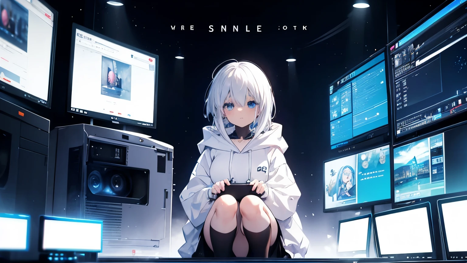 25 years old anime lady with white hair and blue eyes wearing white hoodie and black skirt in. huging knees sad in front of a computer that stream youtube. made this picture for the cover of a song single.