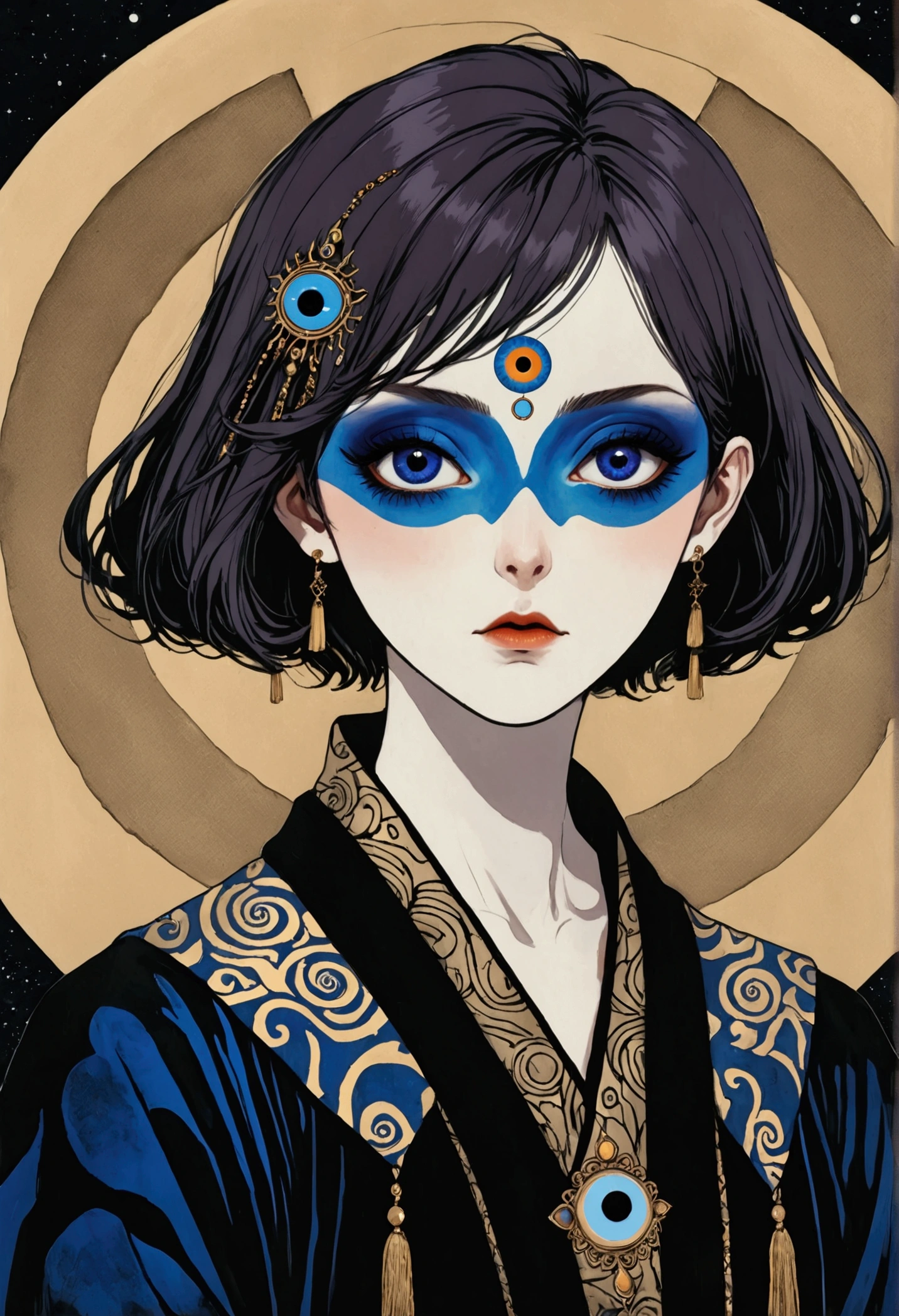 (((Harry Clark (Harry Clarke) style,圣地亚哥·卡鲁索style))),(((Third Eye Vision。short hair,3d,Dark eyeshadow,robe))),Wide Angle,Black and blue,Solid color background