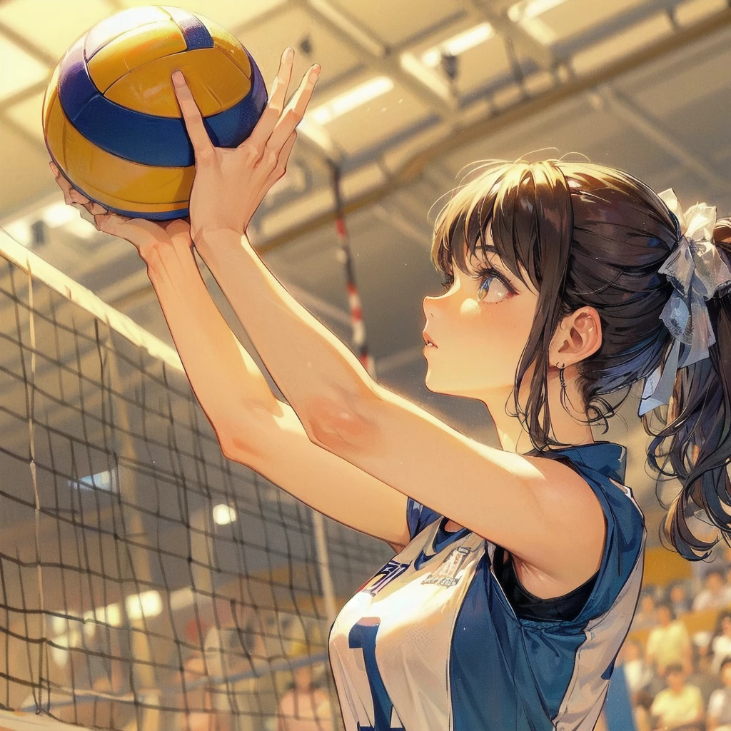 masterpiece, (textured skin), best quality, gorgeous beautiful girl, (a female volleyball athlete), detailed clothes,large breasts,narrow waist,, (beautiful face), cinematic lighting, (at volleyball venue ),