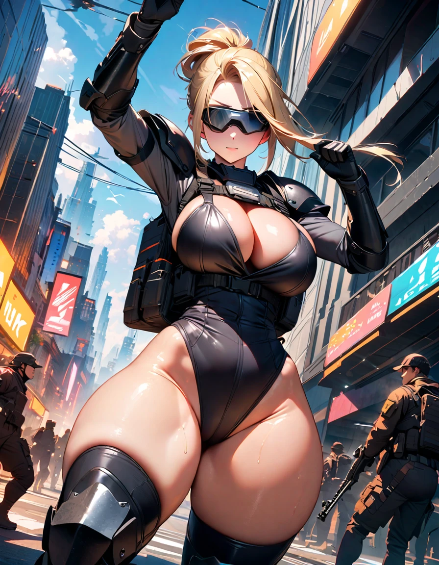 dramatic, gritty, intense, anime character, dynamic fighting pose, 1girl, solo, solo focus, (blonde hair, tied up hairstyle), (wearing black tactical gloves), (wearing tactical seat armor, armored gauntlets, armored tactical boots, tactical boots), (wearing tight tactical pants), (wearing tactical safety glasses), ( big buttocks:1.5) modern art, hair covering eyes, (aiming rifle at viewer), skyscraper, office,beautiful face, beautiful eyes, (grey eyes), vibrant colors, day, highest quality digital art, Stunning art, wallpaper 4k, 8k, 19 years old, (large breasts:1.4), triple D cup breasts, round buttocks, cleavage, bubbly buttocks, wide hips, bubbly ass, fit and strong, slender body, HD, unparalleled masterpiece, best quality, full body, dynamic lighting, cinematic, epic, cowboy shot, full body with costume.