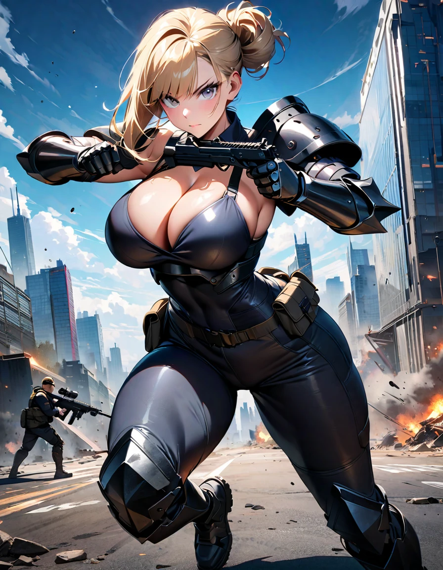 dramatic, gritty, intense, anime character, dynamic fighting pose, 1girl, solo, solo focus, (blonde hair, tied up hairstyle), (wearing black tactical gloves), (wearing tactical seat armor, armored gauntlets, armored tactical boots, tactical boots), (wearing tight tactical pants), (wearing tactical safety glasses), ( big buttocks:1.5) modern art, hair covering eyes, (aiming rifle at viewer), skyscraper, office,beautiful face, beautiful eyes, (grey eyes), vibrant colors, day, highest quality digital art, Stunning art, wallpaper 4k, 8k, 19 years old, (large breasts:1.4), triple D cup breasts, round buttocks, cleavage, bubbly buttocks, wide hips, bubbly ass, fit and strong, slender body, HD, unparalleled masterpiece, best quality, full body, dynamic lighting, cinematic, epic, cowboy shot, full body with costume.