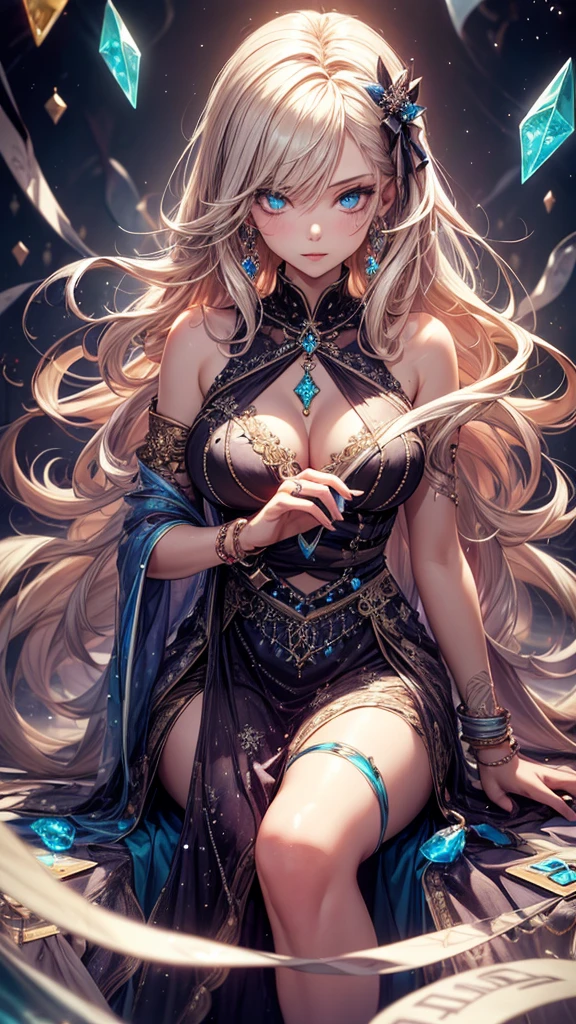 One Girl, Long Hair, Light Hair Color, Captivating eyes, Mysterious look, Mature Appearance, Attractive dress, loose fitting dress, Elegant Jewelry, Elaborate decoration, Magic symbols, Glowing Accessories, part, scroll, Cute accent,ribbon, Magical Effects, Crystal Jade, Particles of light, Rubik,