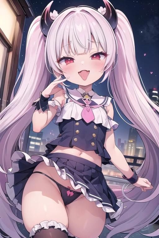 独奏,Whole body、Young face、long silver Hair、long Twin tails、Spoiled brat、Immature body、(Small breasts)、smile、(Thick thighs:1.5)、Backwards、looking at viewer、Open mouth、double teeth、fang、blushing and sticking out her cute tongue, tongue out、sensational、Back view, Character portrait, whole body、Frilly clothes、little demon's horns and a tail、big Buttocks、(wearing a Magical girl costume)、Night view、tongue out, long cute tong、sexy panties、Shy face、pink tattoo on her abdomen、(holding a Magic wand)、Building at night