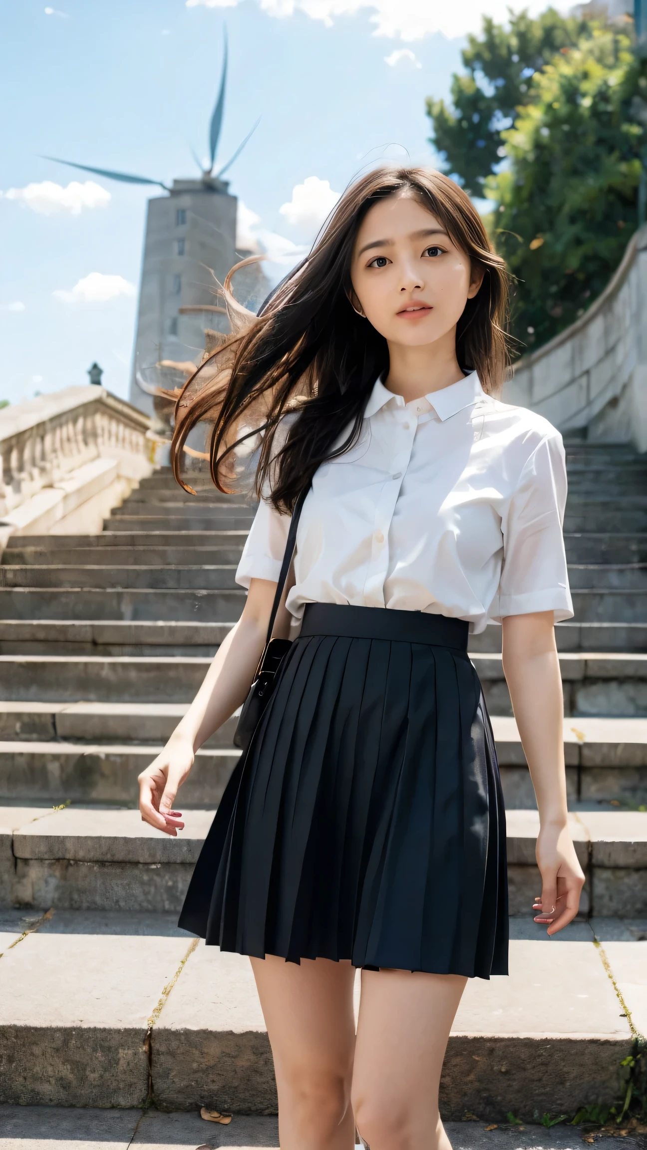 ((Lower perspective、best quality、masterpiece、32K、Every detail))、Go down the outdoor stairs、commute、Systemic symptoms、Traditional Navy Blue Sailor、White shirt、Pleated Skirt、(((A strong wind blew away my hair and skirt:1.62)))、(( I always wear the bag&#39;s strap across my body...:1.22))、A girl, Solitary、(((mini skirt, No underwear:1.22)))、Large Breasts、barefoot, High heel