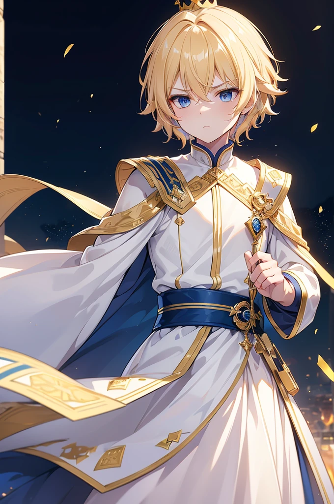 (Highest quality)　(4K)　(8k)　(High resolution)　(masterpiece:1.2)　(Super detailed)　One boy　short hair　Wizard　Blue Eyes　Long sleeve　Golden decoration　Hair between the eyes　White costume　Wavy golden hair　Upper Body　(large crown)　Young　Serious　A  of about fifteen years old　Get angry　Upper Body　Look to the side
