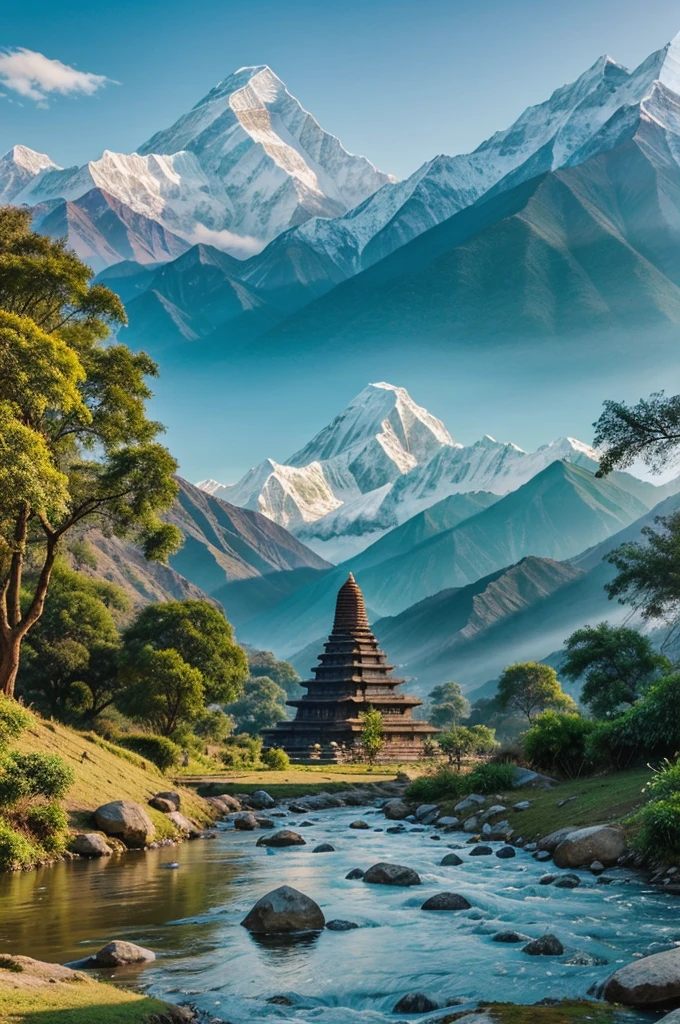 A serene landscape with the Himalayas in the background, a tranquil river flowing, and a majestic Shiva temple nestled in the scene, creating a divine and peaceful atmosphere.