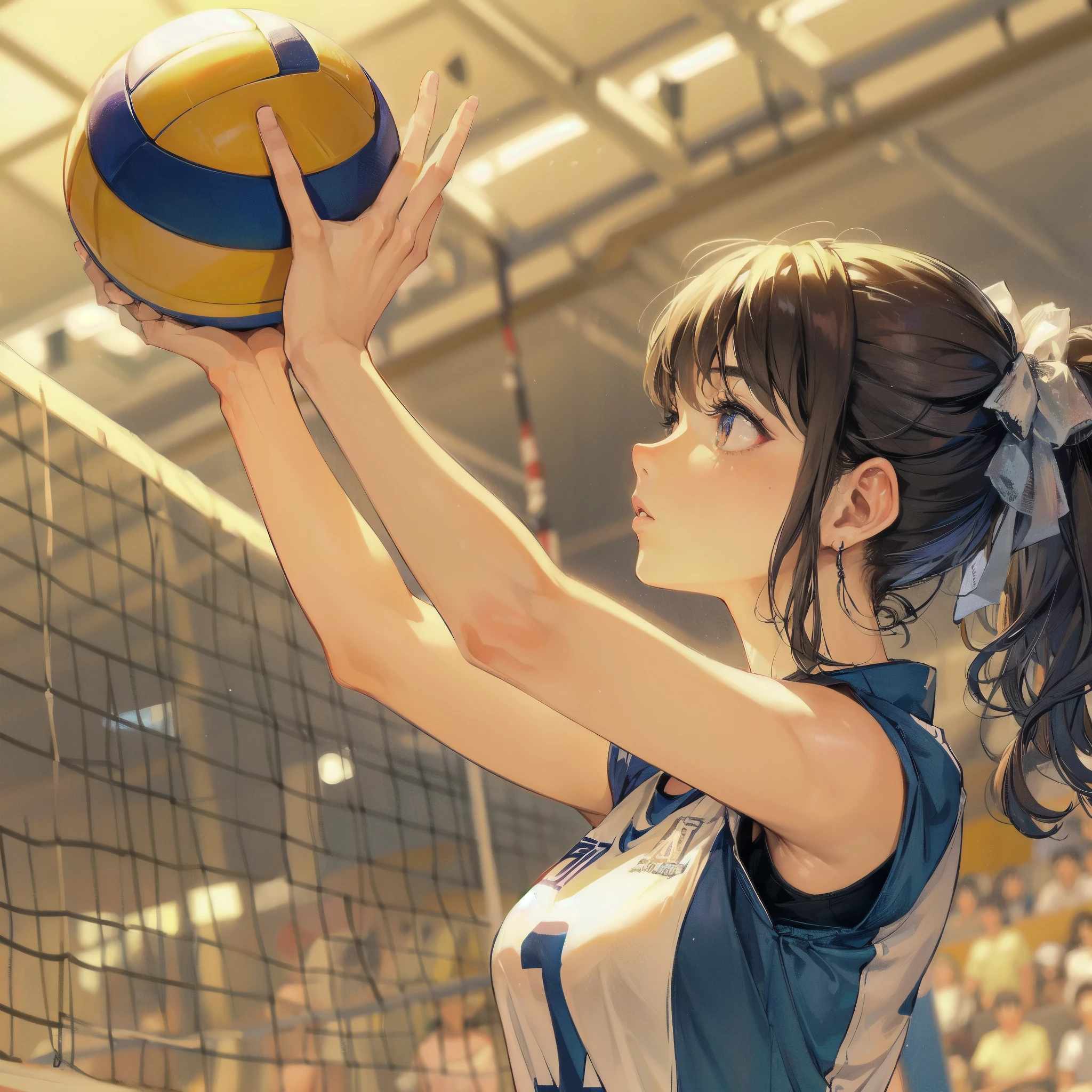  masterpiece, (textured skin), best quality, gorgeous beautiful girl, (a female volleyball athlete), detailed clothes,large breasts,narrow waist,, (beautiful face), cinematic lighting, (at volleyball venue ),