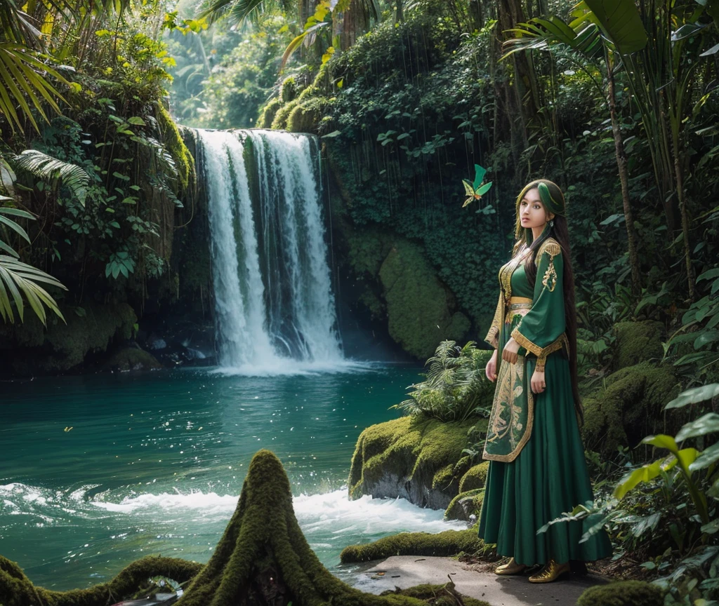 Create a dynamic and action-packed photomanipulation reminiscent of pirate women with green long hair, wearing long dark green dress with gold embordery,wearing captain jacket With gold embroidery and gold butterfly logo . Feature a women showcasing her standing in a green sea ,Forest and Seba waterfall in the background
