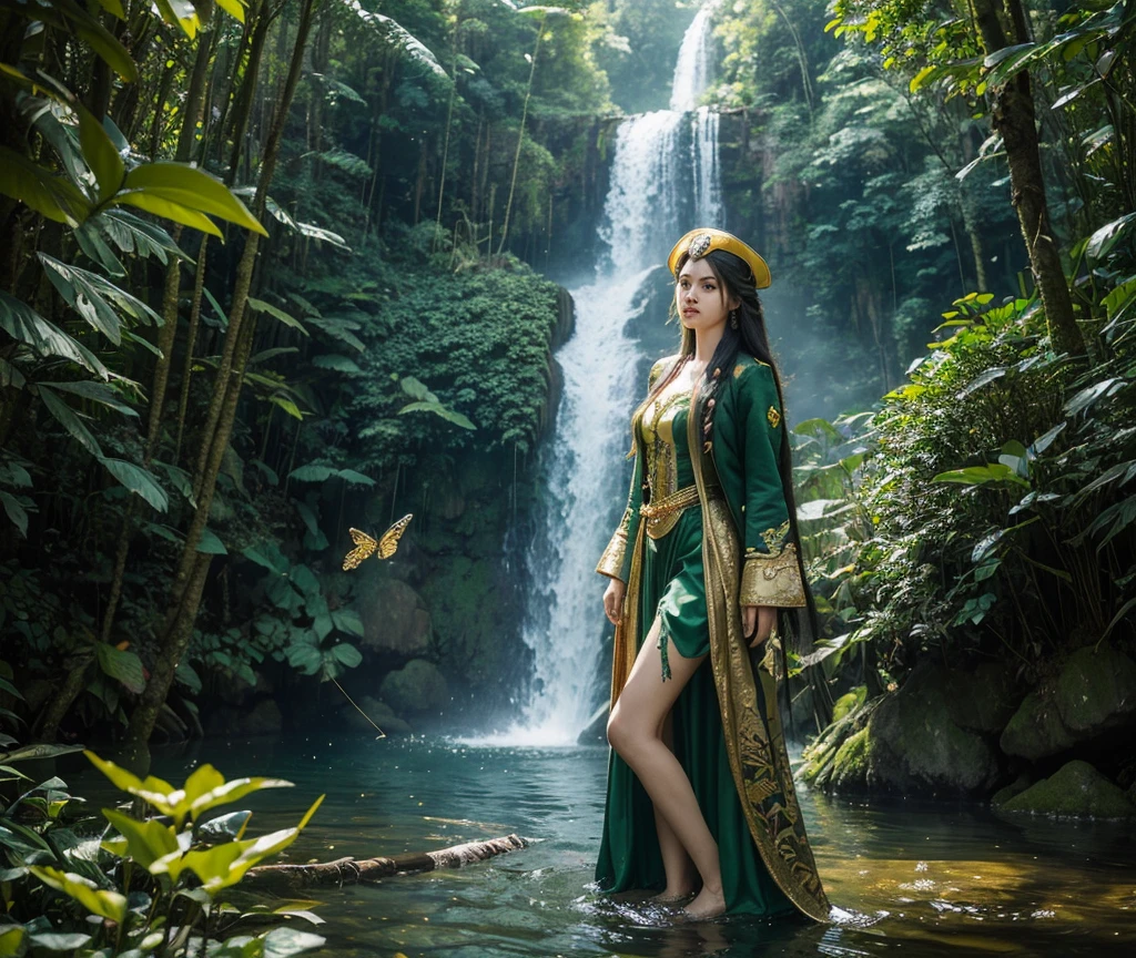 Create a dynamic and action-packed photomanipulation reminiscent of pirate women with green long hair, wearing long dark green dress with gold embordery,wearing captain jacket With gold embroidery and gold butterfly logo . Feature a women showcasing her standing in a green sea ,Forest and Seba waterfall in the background
