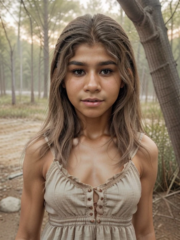 Young pretty cute age girl 12 yh rudimentary hair growth on all skin((hypertrichosis)); Homo erectus; (((русская юная ДЕВОЧКА 12 лет с hypertrichosisом))), (whole body покрыто короткой коричневой шерстью:1.3), facial hair, Body hair, thick eyebrows, deep-set realistic expressive brown eyes, wide flat nose, extremely shaggy thick straight long brown hair on the head, slight hair growth throughout the body like a monkey, proportionate, developed physique, beautiful face covered with short hair, flat chest, Teenage Physiquehole body, neutral background, ((dressed in a linen sundress)), bare feet, Standing pose, (((Neanderthal girl))), beautiful young furry face, Fairly proportionate build for a 12 year old boy, rudimentary hair growth of the skin((hypertrichosis))