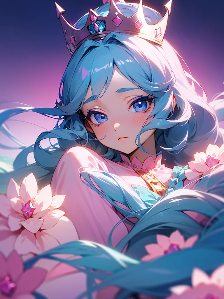 Anime girl, princess, light blue eyes, detailed eyes, long eyelashes, dark blue hair, curly hair, long flowy hair, pink flowers in hair, diamond accessories in hair, crown, long pink white royal dress, staring dismissively at camera, gradient background