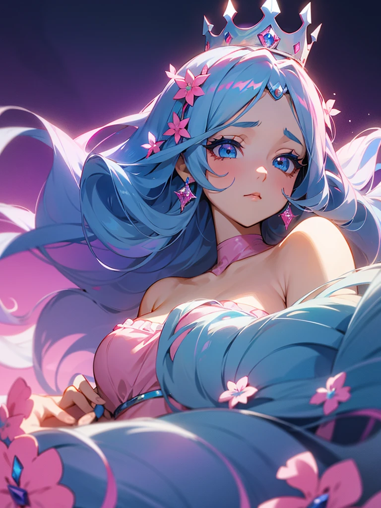 Anime girl, princess, light blue eyes, detailed eyes, long eyelashes, dark blue hair, curly hair, long flowy hair, pink flowers in hair, diamond accessories in hair, crown, long pink white royal dress, staring dismissively at camera, gradient background