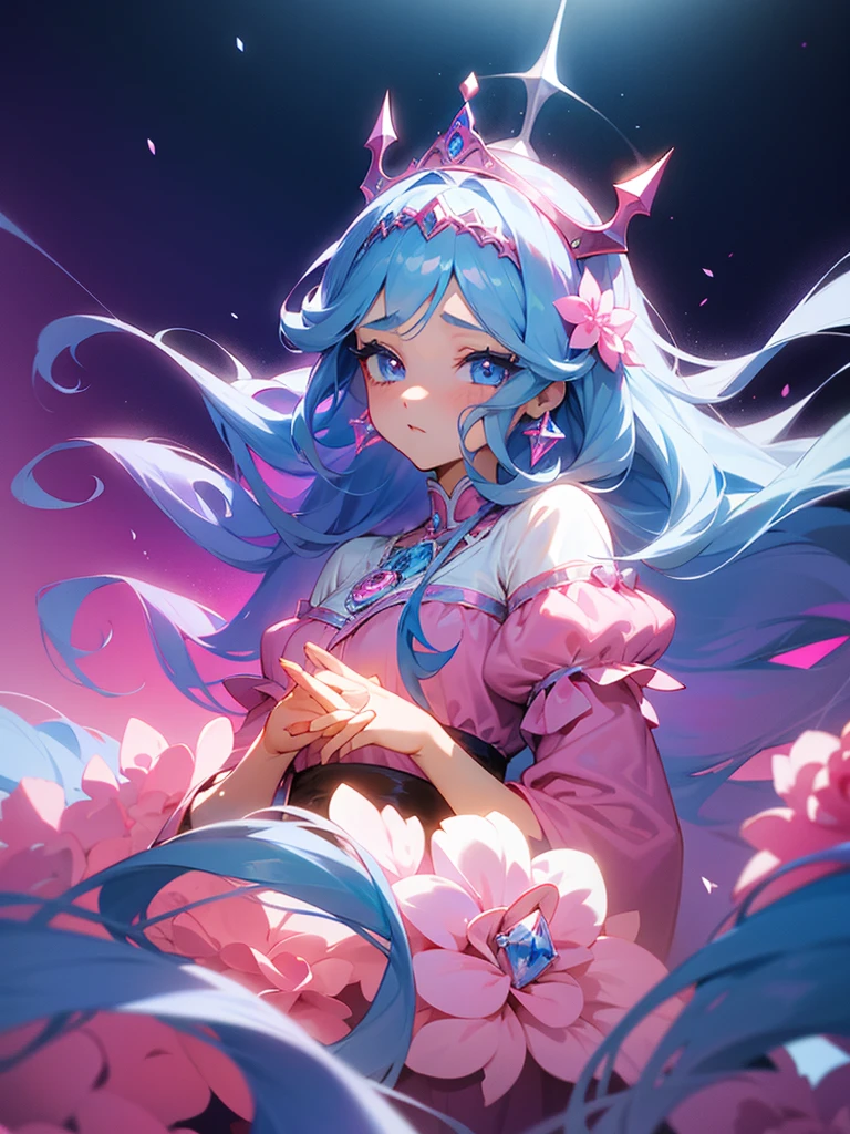 Anime girl, princess, light blue eyes, detailed eyes, long eyelashes, dark blue hair, curly hair, long flowy hair, pink flowers in hair, diamond accessories in hair, crown, long pink white royal dress, staring dismissively at camera, gradient background