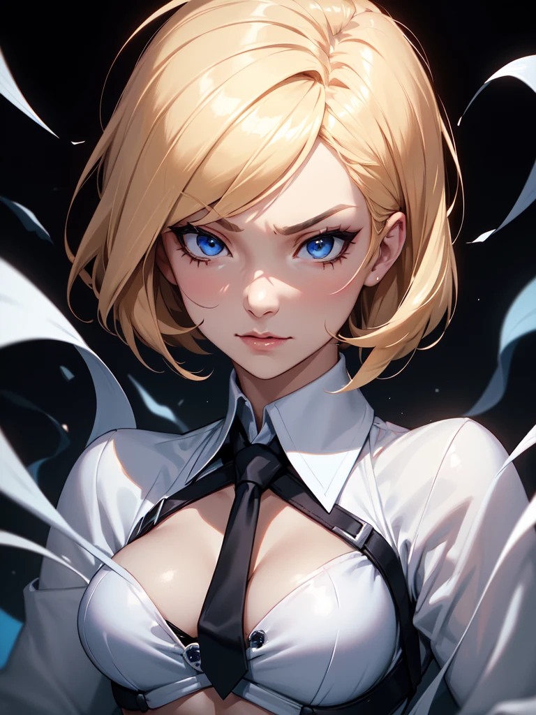 (((Portrait Photo))), She has the Appearance of a Relentless and Assertive Woman, with a Strong, Muscular Build that Exudes Strength and Confidence. Her Short, Blonde Hair Frames Her Face in a Stylish Bob, Paired with Long, Thin Locks Falling Down Her Back, Adding to Her Modern and Dynamic Look. Her Sharp Blue Eyes Reflect a Fiery Spirit and Unwavering Determination. Her Expression is Confident and Fierce, with a Slight Smirk that Reflects Her Indomitable Will and Proud Attitude. (((Portrait Photo))), (((Dark Background))), (((White Tie-Front Long Sleeve Button-Up Top))), (((Thin Strands Falling Out))), (((Reveals the Stomach))), (((Reinforced Fingerless Red Combat Gloves)))