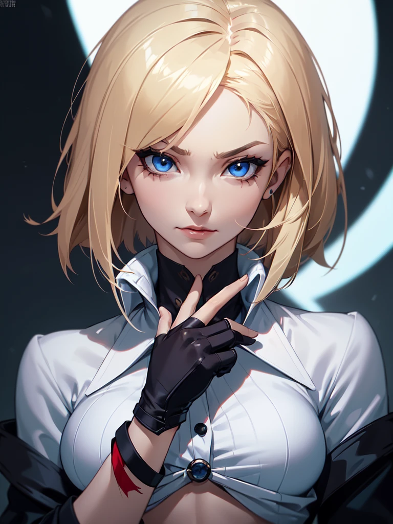 (((Portrait Photo))), She has the Appearance of a Relentless and Assertive Woman, with a Strong, Muscular Build that Exudes Strength and Confidence. Her Short, Blonde Hair Frames Her Face in a Stylish Bob, Paired with Long, Thin Locks Falling Down Her Back, Adding to Her Modern and Dynamic Look. Her Sharp Blue Eyes Reflect a Fiery Spirit and Unwavering Determination. Her Expression is Confident and Fierce, with a Slight Smirk that Reflects Her Indomitable Will and Proud Attitude. (((Portrait Photo))), (((Dark Background))), (((White Tie-Front Long Sleeve Button-Up Top))), (((Thin Strands Falling Out))), (((Reveals the Stomach))), (((Reinforced Fingerless Red Combat Gloves)))