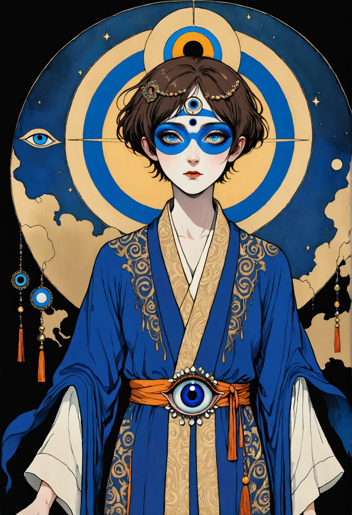 (((Harry Clark (Harry Clarke) style,圣地亚哥·卡鲁索style))),Watercolor,(((Third Eye Vision。short hair,3d,robe))),Wide Angle,Black and blue,Solid color background
