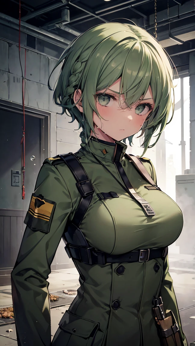 High resolution,high resolution,Girl,(Unshaven,Braiding,Dark green hair,Short Hair,),Grey Eyes,Slanted Eyes,Bad mood,Brown skin,boyish,slender,Military Suits,Bandage,Soldier,battlefield,trench,Dog Tags,Helmet,Large Breasts,Wet with sweat,bandage,Face down,crawl forward