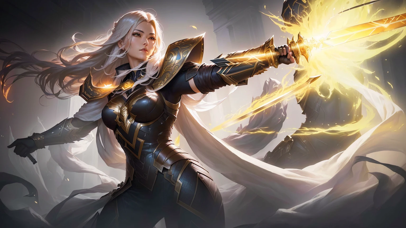 arafed image of a woman with a sword in a dark room, artgerm jsc, extremely detailed artgerm, inspired by Huang Shen, asgardian, by Yang J, iconic character splash art, official splash art, ruan jia and artgerm, drawn in the style of artgerm, inspired by Yang Jin