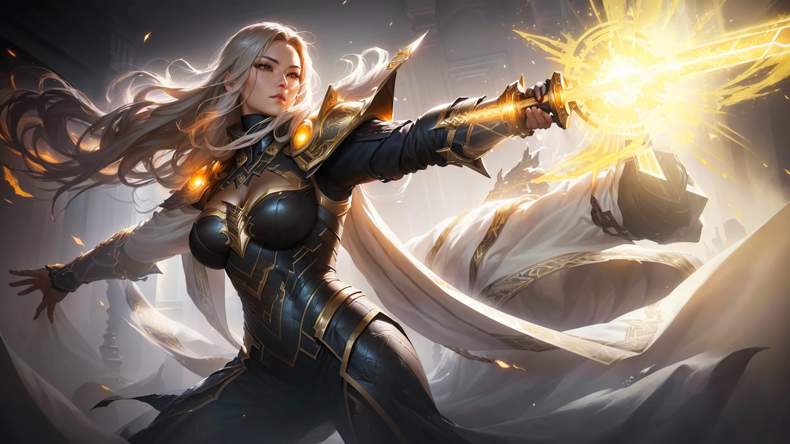 arafed image of a woman with a sword in a dark room, artgerm jsc, extremely detailed artgerm, inspired by Huang Shen, asgardian, by Yang J, iconic character splash art, official splash art, ruan jia and artgerm, drawn in the style of artgerm, inspired by Yang Jin