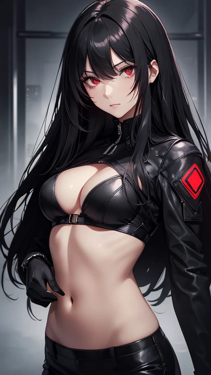 Artwork, une fille, regard agressif, Red eyes, black hair tied, two sabers in the back, dressed in black, tattoo, gangster, Yakuza, Aesthetic, cyberpunk, seductive cyberpunk dark fantasy, Threatening