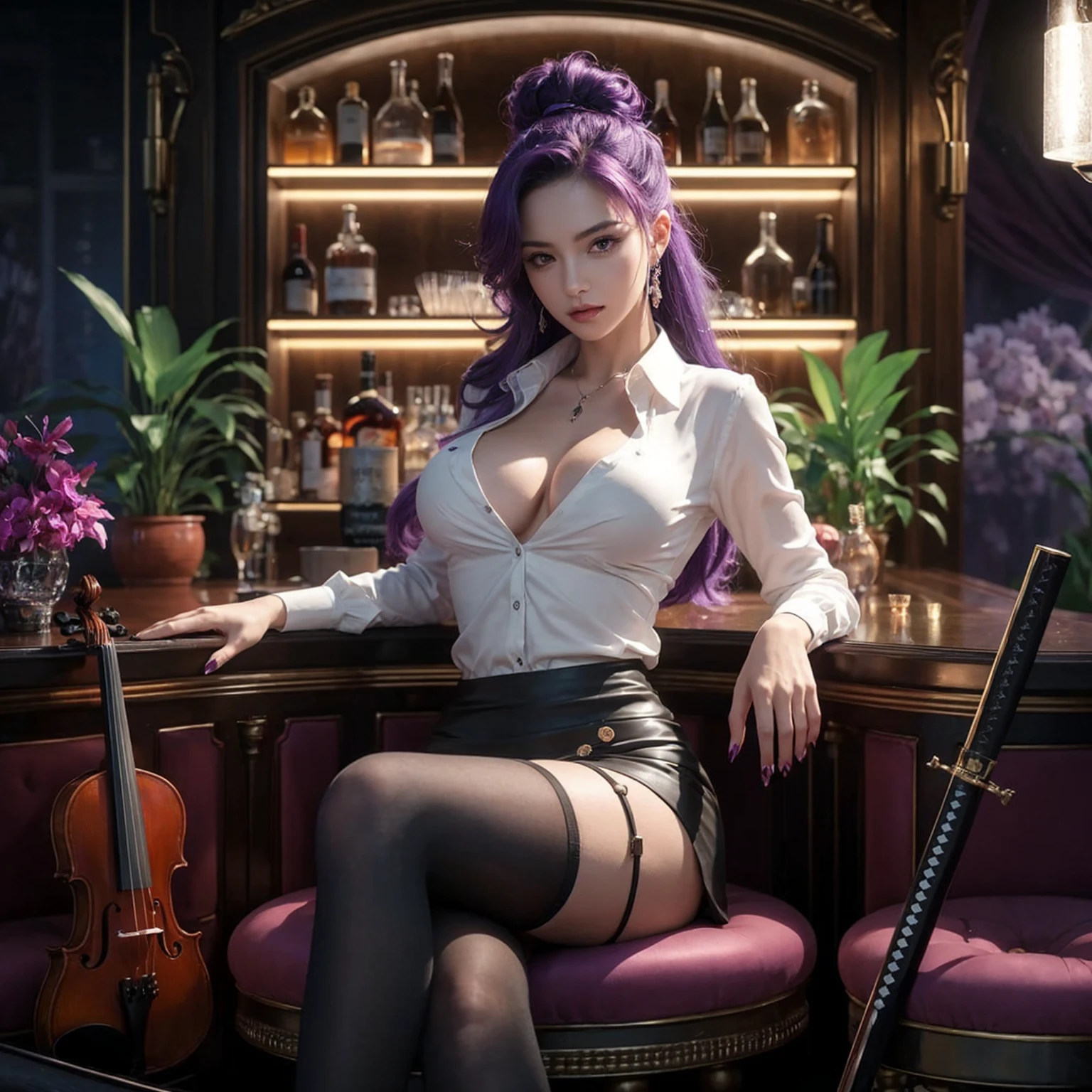 Create an ultra-realistic, high-definition image of a confident and alluring woman with striking purple hair and violet eyes sitting in a luxurious, dimly-lit bar. She is wearing a white blouse, a black skirt, and black thigh-high stockings. The setting is elegant, featuring a well-stocked bar with an array of bottles and vibrant plants. The atmosphere includes a violin and a katana, adding a sophisticated yet mysterious touch. The soft, ambient light highlights the rich colors and intricate details of both the woman and her surroundings, creating a truly captivating scene. Ensure the image is photorealistic, capturing the textures and lighting accurately.