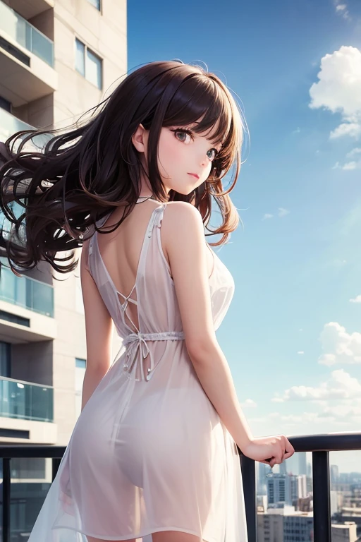 Photo taken of a girl from behind, curly hair, Transparent dress, rising by the wind, apartment on high, outdoor terrace, city background with beautiful sky