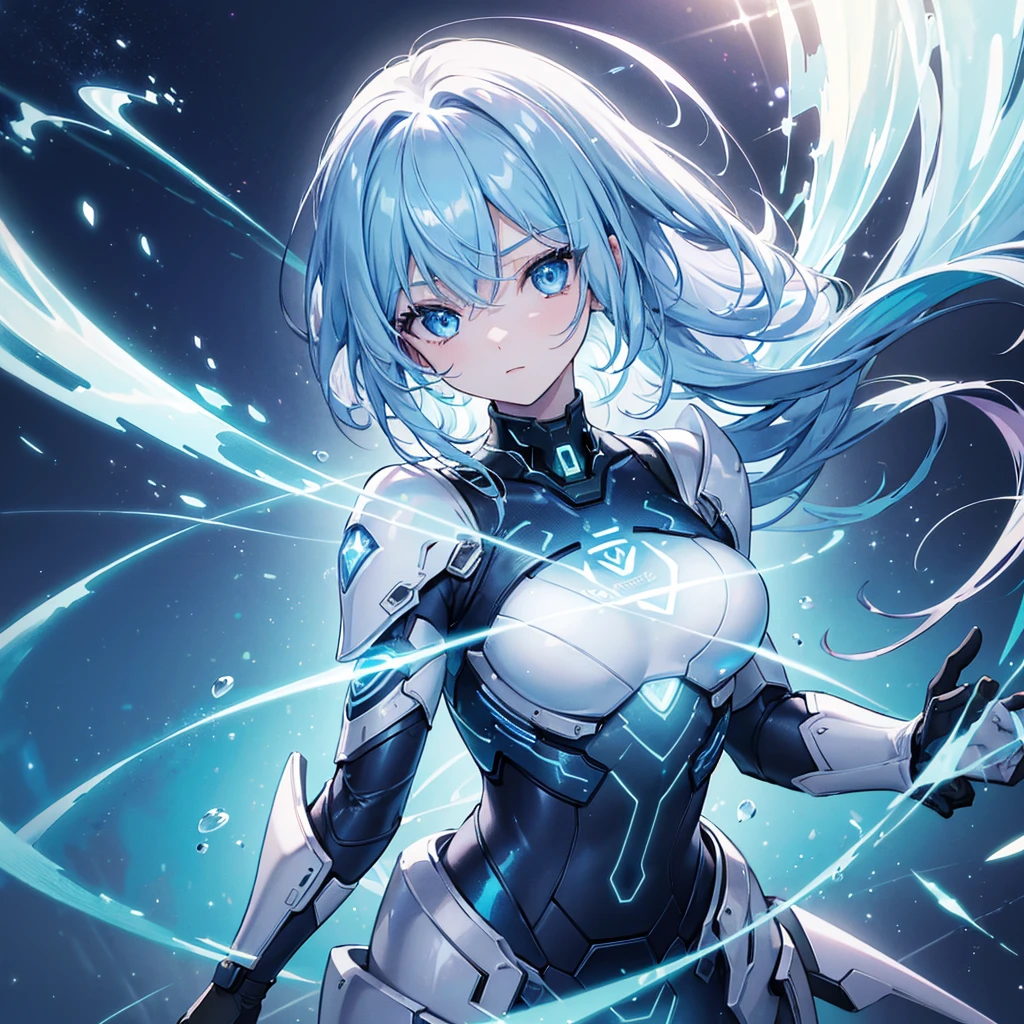 ((Holographic glow effect)),8k, Highest quality, (real:1.4), Original photo, 1 girl, Asari Hair, Biological Amplifier, refined armor, posture: Peace talks between warring factions, smart blue eyes,whole body,Vortex of Light,Band of Light,Wind of Light