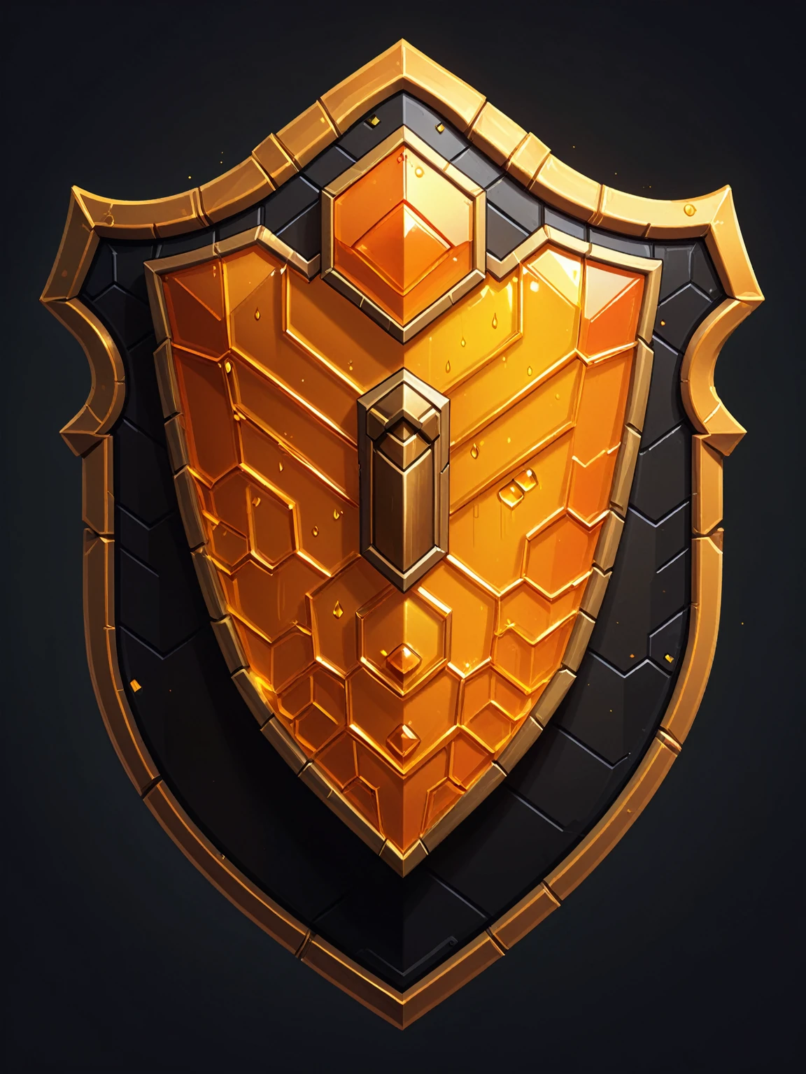 pixel art, cartoon illustration, hex shield, honey, yellow and orange colors, simple black background, game icon, minecraft subscriber badges