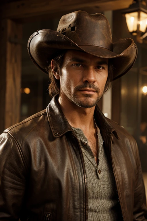 man with cowboy hat and leather jacket. not too realistic, with a sad, unshaven look