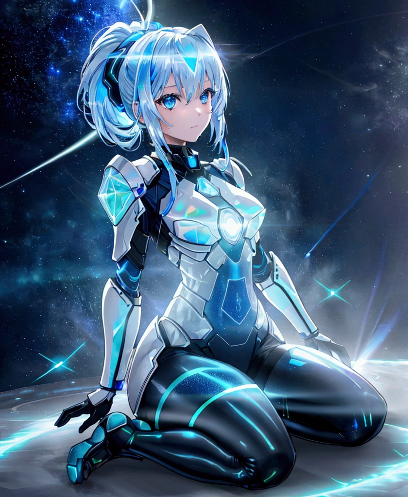((Holographic glow effect)),8k, Highest quality, (real:1.4), Original photo, 1 girl, Asari Hair, Biological Amplifier, refined armor, posture: Peace talks between warring factions, smart blue eyes,whole body,Vortex of Light,Band of Light,Wind of Light