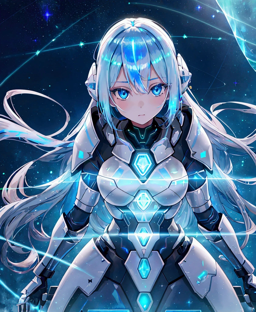 ((Holographic glow effect)),8k, Highest quality, (real:1.4), Original photo, 1 girl, Asari Hair, Biological Amplifier, refined armor, posture: Peace talks between warring factions, smart blue eyes,whole body,Vortex of Light,Band of Light,Wind of Light