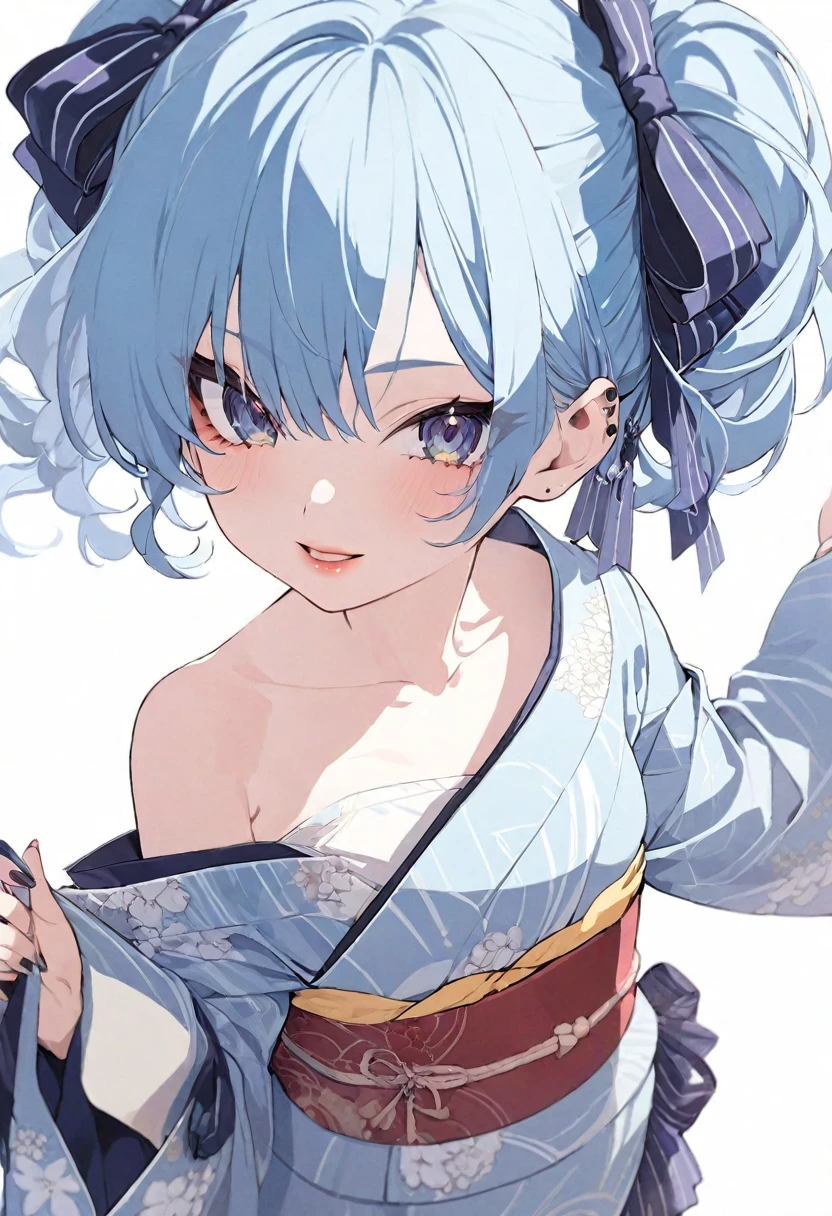 (muste piece), (best quality), (score_9, score_8_up, score_7_up), very detailed eyes, expressive eyes, perfect face, very detailed face, highly detailed face, beautiful girl, 8K, beautiful girl, white background, delicate and beautiful face and eyes, dark intense shadow, 
1 girl, vtuber style, cool girl, hololive, vtuber, Hoshimachi Suisei, blue hair, medium hair, kimono, red lips, kimono with flower pattern, super high quality, super fine detail, super fine kimono pattern, small chest, clavicle, (full body), standing,