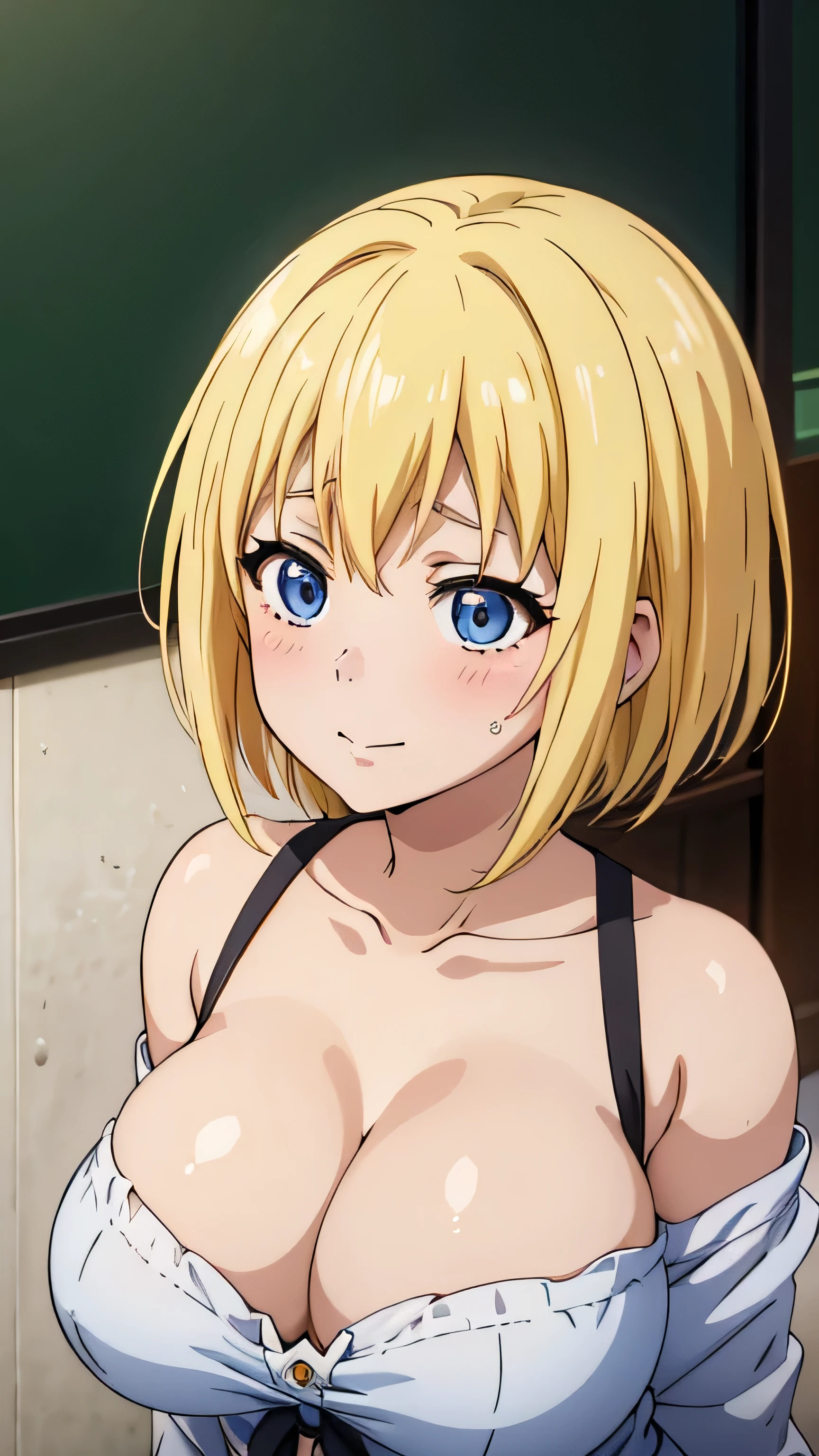 (masterpiece, top-quality, detaile, hight resolution, extremely delicate and beautiful, anime screen cap, anime colours, 8k, photorealistic), (nude:1.5, inverted nipples:1.5), ((huge breasts:1.8, spread breasts:1.5)), Android 18, blond short hair, smile, blush, ((lying, on back:1.5, upper body:1.5, slim:1.5)), breast focus, looking away:1.2, ((perfect detailed anatomy, Beautiful eyes&hair,  beautiful face, beautiful breast&body, Shiny skin)), bed, Sweat,