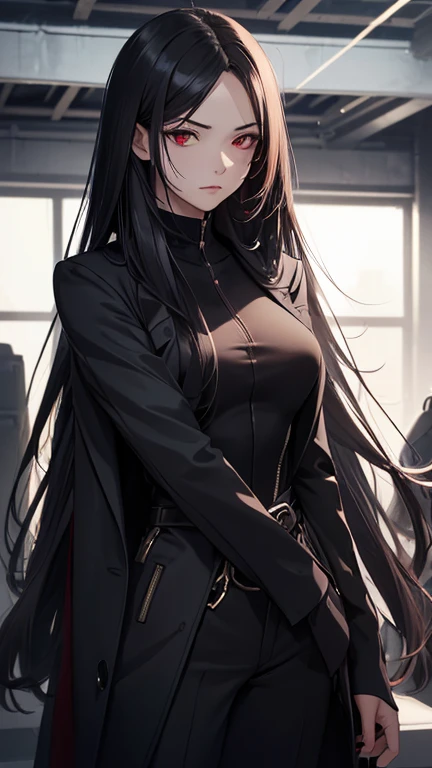 Highest quality, Soft Light, Ultra-high resolution,A calm adult woman, alone, sexy, (Grim face), (Red eyes), Beautiful face in every detail,(High resolution detail of human skin texture), (Black irregular long hair), Black coat,Suit pants,Mercenary-like woman,have a gun in hand