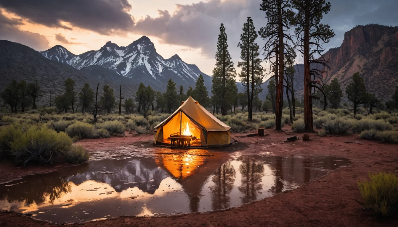 "A canvas tent stands in the midst of a rainy night, surrounded by a Wild West landscape inspired by the style of Red Dead Redemption. The rain falls gently, soaking the dirt ground and creating small puddles. The soft light of a campfire glows from the entrance of the tent, illuminating the surroundings with a warm glow. In the background, silhouettes of mountains and tall trees are visible under the cloudy sky. The scene conveys a sense of tranquility and isolation, typical of the vast landscapes of the American West."