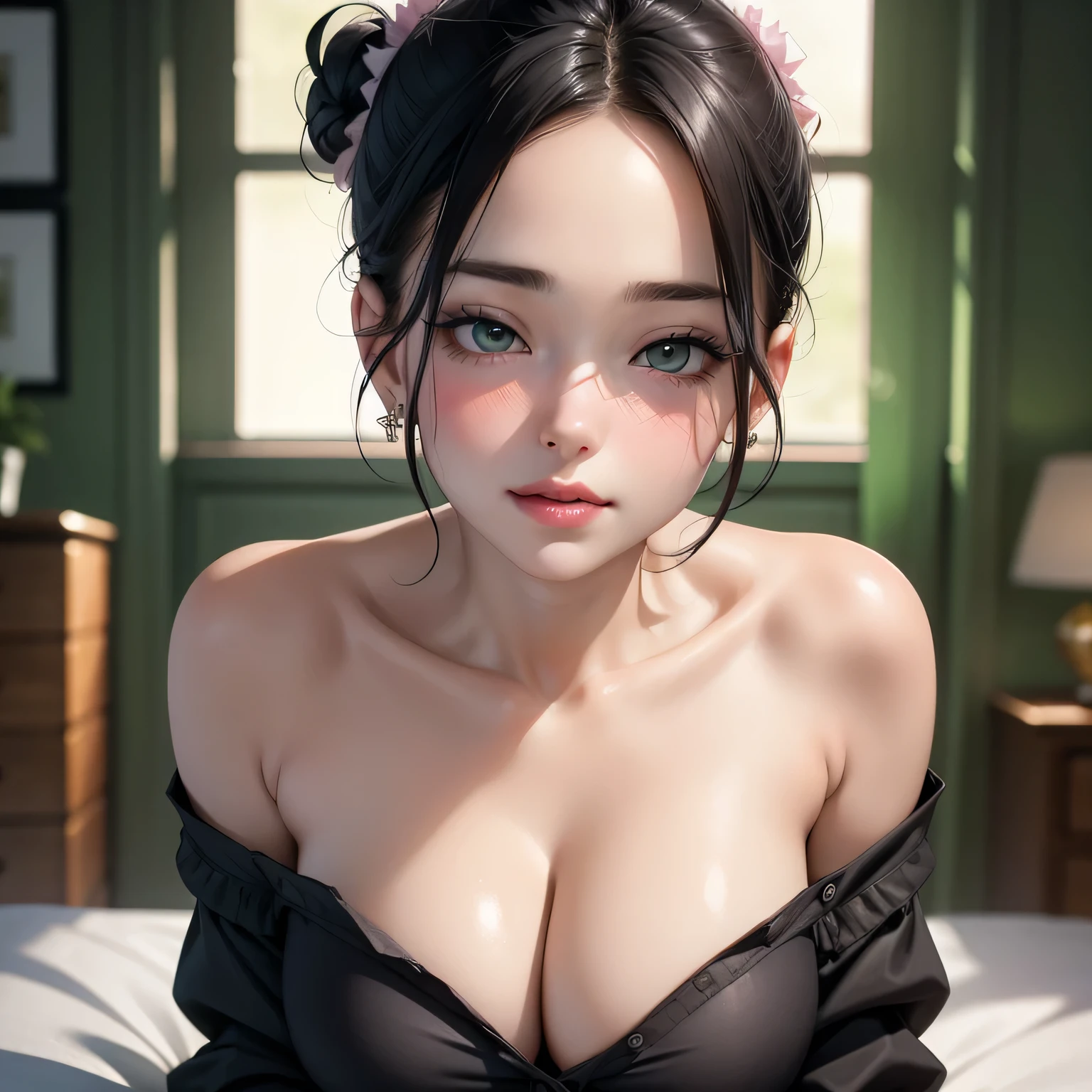 Amazing portrait of a sexy woman with a beautiful face with lustful eyes gazing seductively and parted pink lips smiling as she blushed deeply with her black hair in a bun wearing a green satin shirt that is partially unbuttoned and falling off her shoulders exposing her creamy pale porcelain skin in a very dimly lit bedroom giving off an intimate vibe