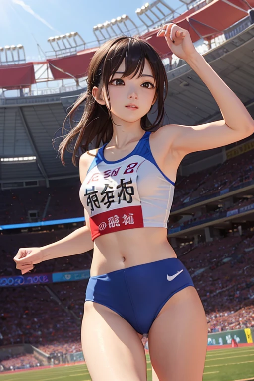 Highest quality、masterpiece、High sensitivity、High resolution、Detailed Description、Slender women、Olympic Torch、running、Athletics Stadium、