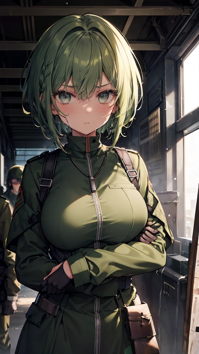 High resolution,high resolution,Girl,(Unshaven,Braiding,Dark green hair,Short Hair,),Grey Eyes,Slanted Eyes,Bad mood,Brown skin,boyish,slender,Military Suits,Soldier,battlefield,trench,Dog Tags,Helmet,Large Breasts,Wet with sweat,bandage,Face down,
