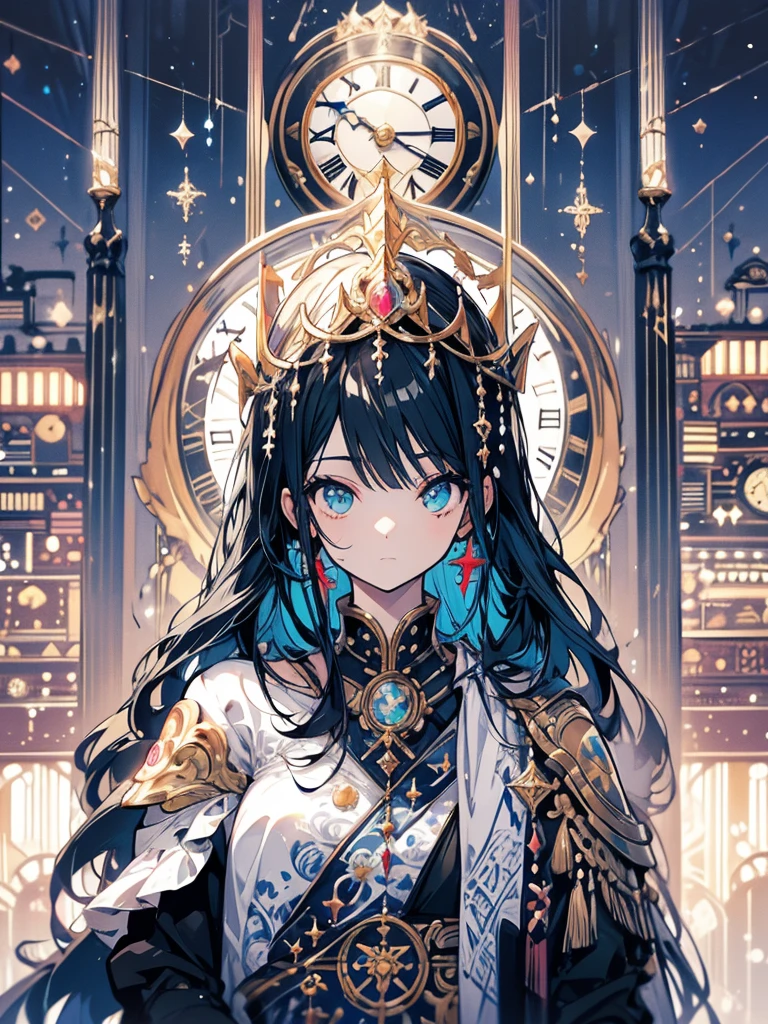 Throne, princess, black hair, long, tiara, sitting, guard behind, big clock