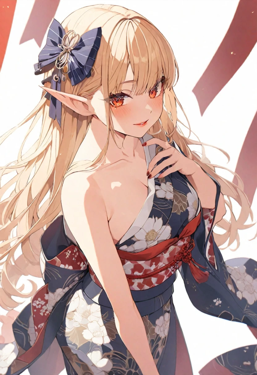 (muste piece), (best quality), (score_9, score_8_up, score_7_up), very detailed eyes, expressive eyes, perfect face, very detailed face, highly detailed face, beautiful girl, 8K, beautiful girl, white background, delicate and beautiful face and eyes, dark intense shadow,
1 girl, vtuber style, cool girl, hololive, vtuber, Shiranui Flare, Elf ears, blond hair, dark skin, kimono, red lips, kimono with flower pattern, super high quality, super fine detail, super fine kimono pattern, big chest, clavicle, (full body), standing,