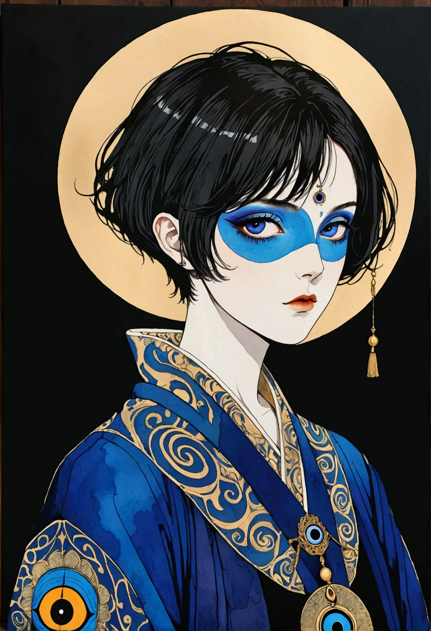 (((Harry Clark (Harry Clarke) style,圣地亚哥·卡鲁索style))),Watercolor,(((Third Eye Vision。short hair,3d,robe))),Wide Angle,Black and blue,Solid color background