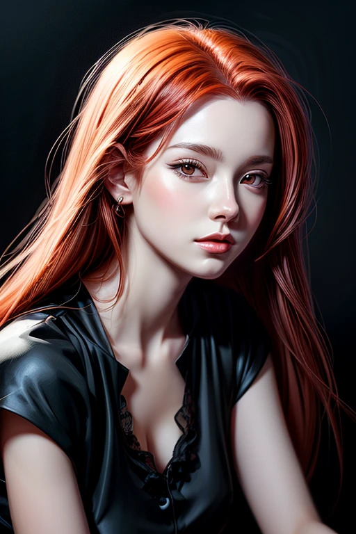 a woman with red hair and black dress looks to the side, a digital drawing by Yanjun Cheng, Artstation, digital art, 🤤 girl portrait, High quality portrait, Rossdraws portrait, realistic cute girl painting, realistic digital drawing, gorgeous digital drawing, digital art. artstation, little detailed. digital drawing, realistic portrait, realistic art style