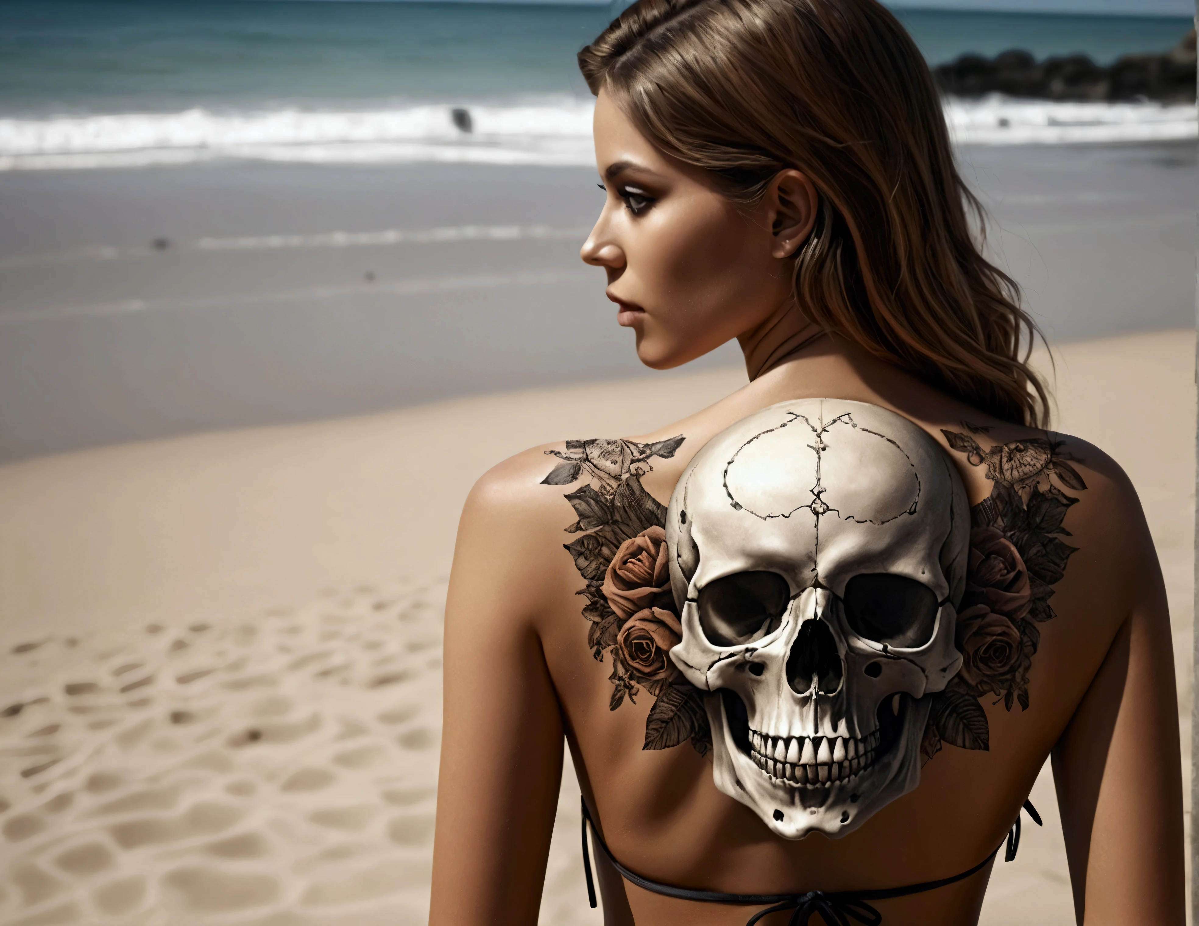 Photo realistic,Bikini Girl, Skull on the back 