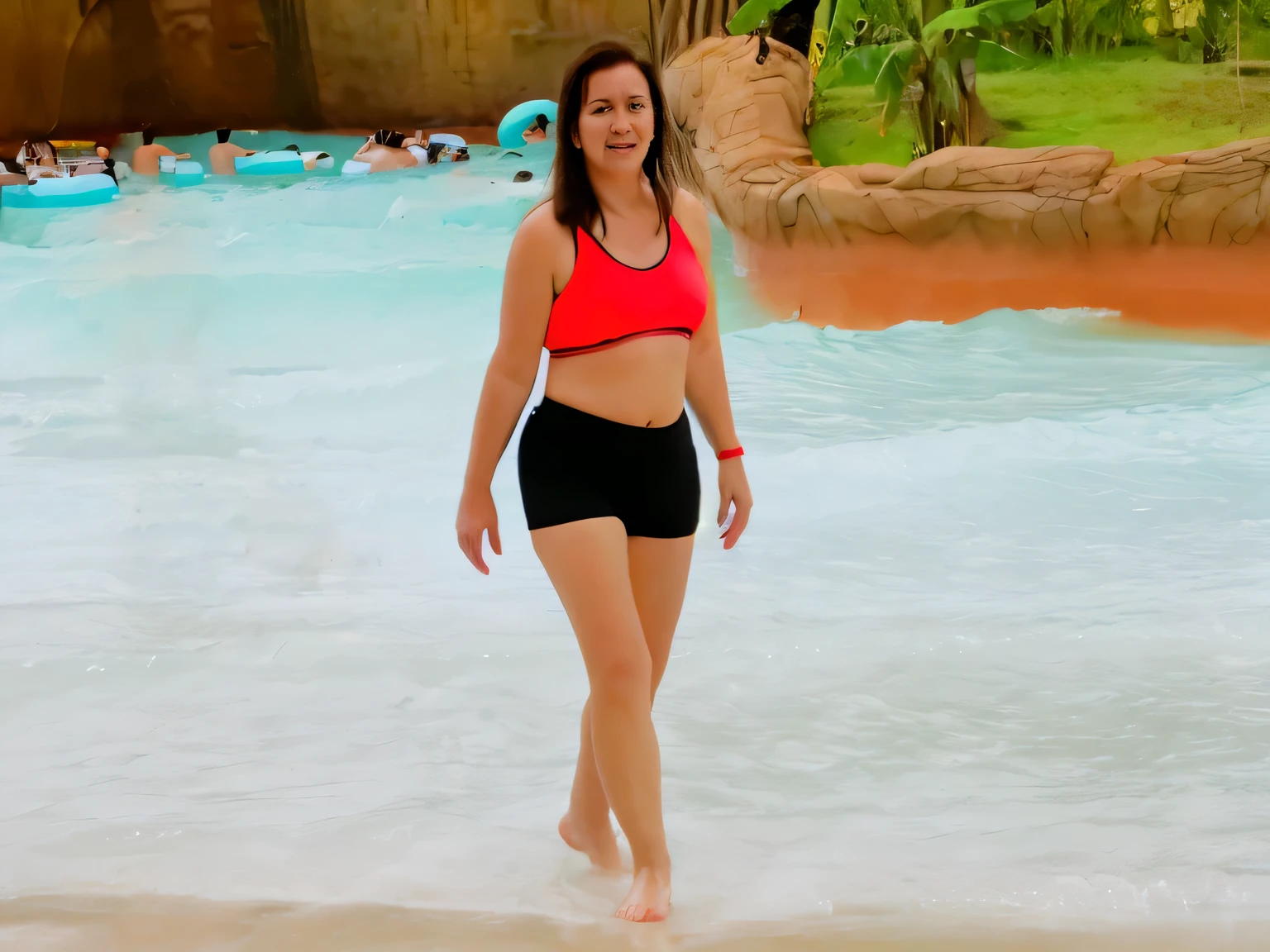 there is a woman walking in the water at a water park, in water! up to shoulders, uhd candid photo of dirty, water park, in the water, she is walking on a river, is wearing a swimsuit, vacation photo, wearing two - piece swimsuit, stands in a pool of water, wearing red shorts, wearing spandex bikini, in water